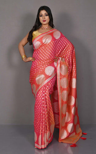 Traditional Hazar Butti and Chakram Border Nakshi Motif Work Softy Katan Silk Sari in Peach and Matt Silver