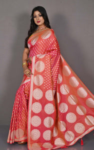 Traditional Hazar Butti and Chakram Border Nakshi Motif Work Softy Katan Silk Sari in Peach and Matt Silver