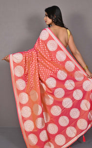 Traditional Hazar Butti and Chakram Border Nakshi Motif Work Softy Katan Silk Sari in Peach and Matt Silver