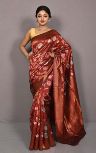 Traditional Jaal Minakari Nakshi Motif Work Softy Katan Silk Sari in Chocolate Brown, Antique Golden and Multicolored