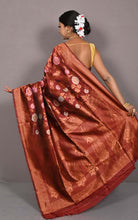 Traditional Jaal Minakari Nakshi Motif Work Softy Katan Silk Sari in Chocolate Brown, Antique Golden and Multicolored