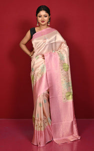 Designer Digital Printed Softy Tissue Katan Silk Sari in Frosted Pink, Brown and Multicolored