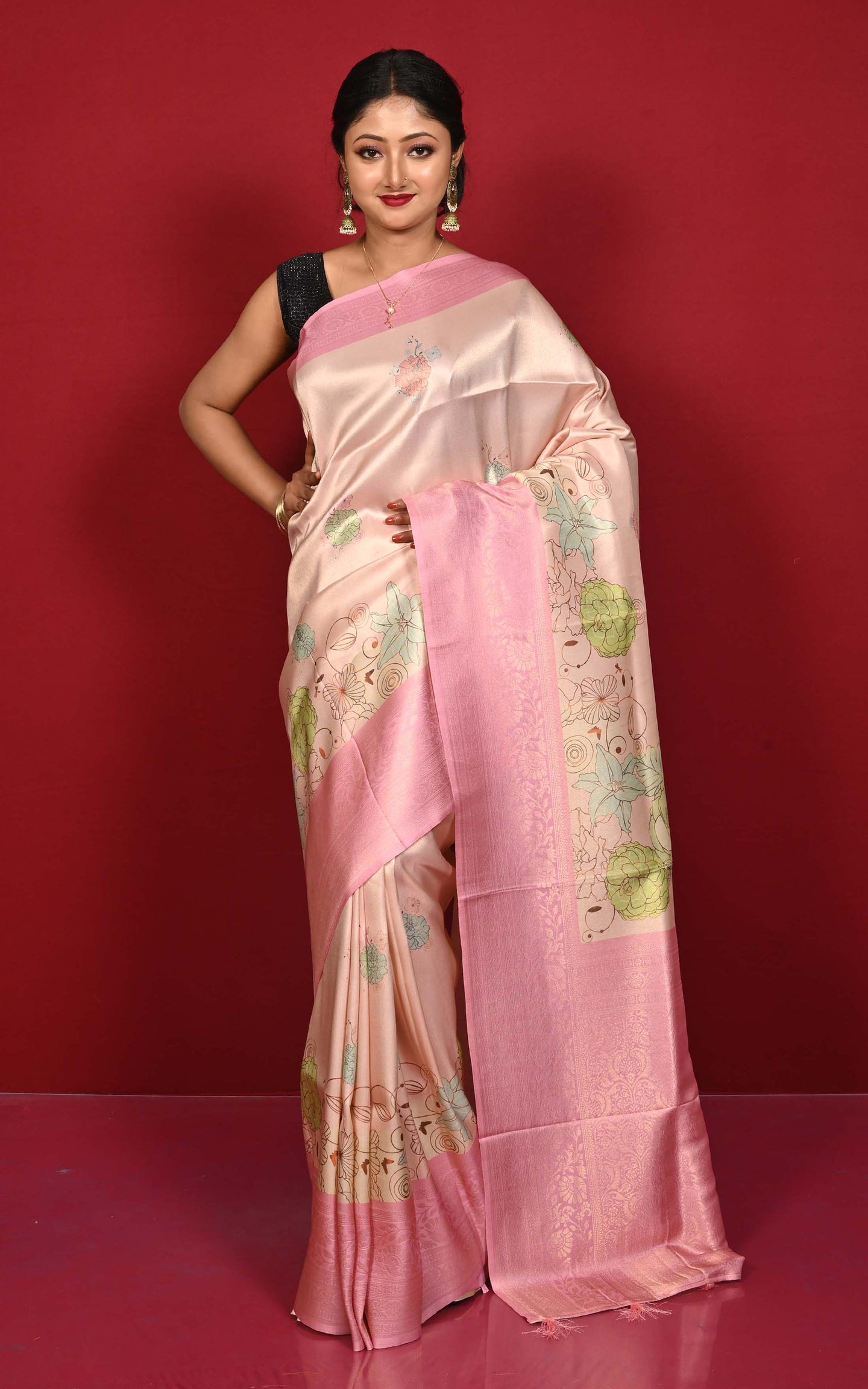 Designer Digital Printed Softy Tissue Katan Silk Sari in Frosted Pink, Brown and Multicolored