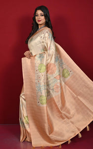 Designer Digital Printed Softy Tissue Katan Silk Sari in Apricot, Brown and Multicolored