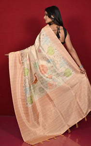 Designer Digital Printed Softy Tissue Katan Silk Sari in Apricot, Brown and Multicolored