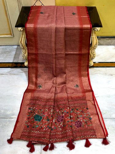 Bullion Stitch Knot Hand Work on Soft Linen Saree in Sepia Skin, Burnt Umber and Multicolored Thread Work
