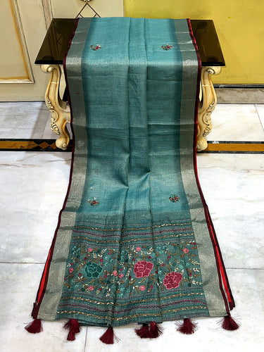 Bullion Stitch Knot Hand Work on Soft Linen Saree in Mineral Green, Dark Green Blue and Multicolored Thread Work