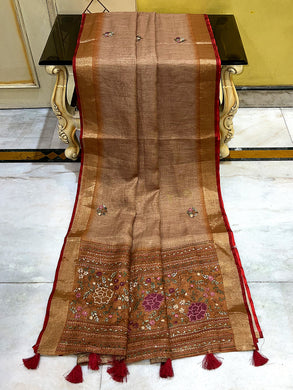 Bullion Stitch Knot Hand Work on Soft Linen Saree in Frech Beige, Bulgarian Rose and Multicolored Thread Work
