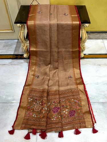 Bullion Stitch Knot Hand Work on Soft Linen Saree in Frech Beige, Bulgarian Rose and Multicolored Thread Work