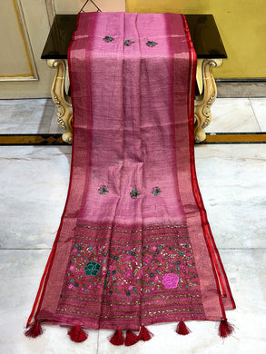 Bullion Stitch Knot Hand Work on Soft Linen Saree in Hop Bush Pink, Light Burgundy and Multicolored Thread Work
