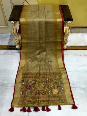 Bullion Stitch Knot Hand Work on Soft Linen Saree in Olive Bronze, Oak Brown and Multicolored Thread Work