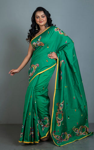 Hand Embroidery Cotton Chanderi Kashmiri Work Saree in Shamrock Green, Yellow and Multicolored Thread Work