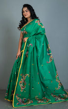 Hand Embroidery Cotton Chanderi Kashmiri Work Saree in Shamrock Green, Yellow and Multicolored Thread Work