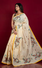 Hand Embroidery Cotton Chanderi Kashmiri Work Saree in Beige, Yellow and Multicolored Thread Work