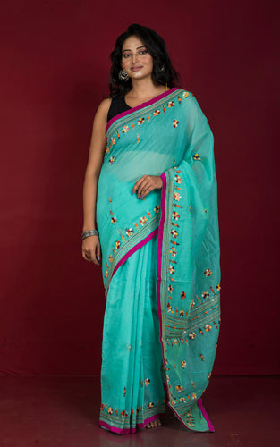 Bullion Stitch Knot Hand Work on Soft Cotton Chanderi Saree in Sea Green, Hot Pink and Multicolored Thread Work