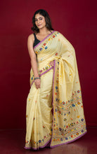 Bullion Stitch Knot Hand Work on Soft Cotton Chanderi Saree in Pastel Yellow, Purple and Multicolored Thread Work