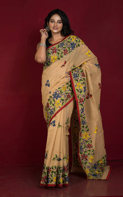 Hand Embroidery Cotton Chanderi Kantha Work Saree in Warm Beige, Dark Red and Multicolored Thread Work