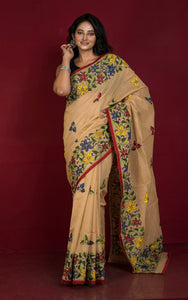 Hand Embroidery Cotton Chanderi Kantha Work Saree in Warm Beige, Dark Red and Multicolored Thread Work