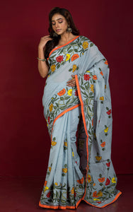Hand Embroidery Cotton Chanderi Kantha Work Saree in Light Gray, Orange and Multicolored Thread Work