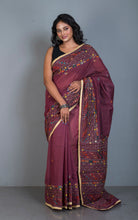 Lambani Hand Work on Soft Cotton Chanderi Saree in Wine, Beige and Multicolored