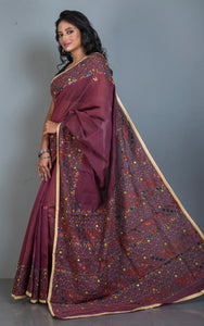 Lambani Hand Work on Soft Cotton Chanderi Saree in Wine, Beige and Multicolored