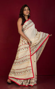 Lambani Hand Work on Soft Cotton Chanderi Saree in Parmesan, Red and Multicolored