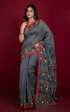 Lambani Hand Work on Soft Cotton Chanderi Saree in Lead Grey, Red and Multicolored