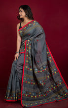 Lambani Hand Work on Soft Cotton Chanderi Saree in Lead Grey, Red and Multicolored