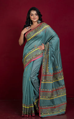 Lambani Hand Work on Soft Cotton Chanderi Saree in Holbein Blue Grey, Peach and Multicolored