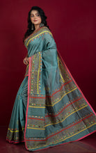 Lambani Hand Work on Soft Cotton Chanderi Saree in Holbein Blue Grey, Peach and Multicolored