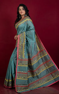 Lambani Hand Work on Soft Cotton Chanderi Saree in Holbein Blue Grey, Peach and Multicolored