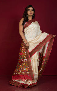 Self Golden Woven Checks in Kalamkari Printed Tussar Silk Saree with Matte finish Zari Border in Lace White, Red and Multicolored