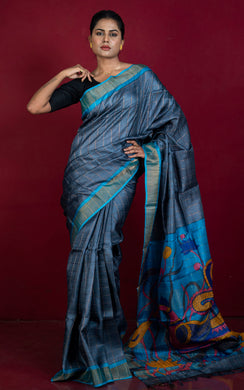 Self Golden Woven Checks in Kalamkari Printed Tussar Silk Saree with Matte finish Zari Border in Gray, Blue and Multicolored