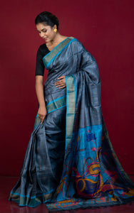 Self Golden Woven Checks in Kalamkari Printed Tussar Silk Saree with Matte finish Zari Border in Gray, Blue and Multicolored