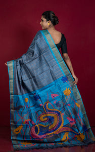 Self Golden Woven Checks in Kalamkari Printed Tussar Silk Saree with Matte finish Zari Border in Gray, Blue and Multicolored