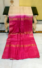 Pure Handloom Gicha Tussar Saree in Natural Tussar Color and Pink Raspberry 
