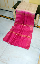 Pure Handloom Gicha Tussar Saree in Natural Tussar Color and Pink Raspberry 
