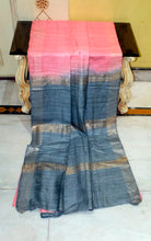Pure Handloom Gicha Tussar Saree in Peach Pink and Grey Blue