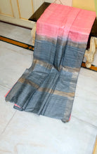 Pure Handloom Gicha Tussar Saree in Peach Pink and Grey Blue