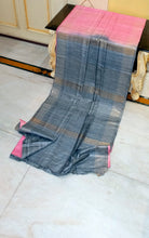 Pure Handloom Gicha Tussar Saree in Salmon Pink and Slate Grey