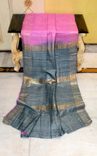 Pure Handloom Gicha Tussar Saree in Rose Pink and Slate Grey