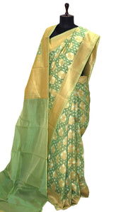 Handwoven Cotton Chanderi Saree in Sage Green and Muted Gold