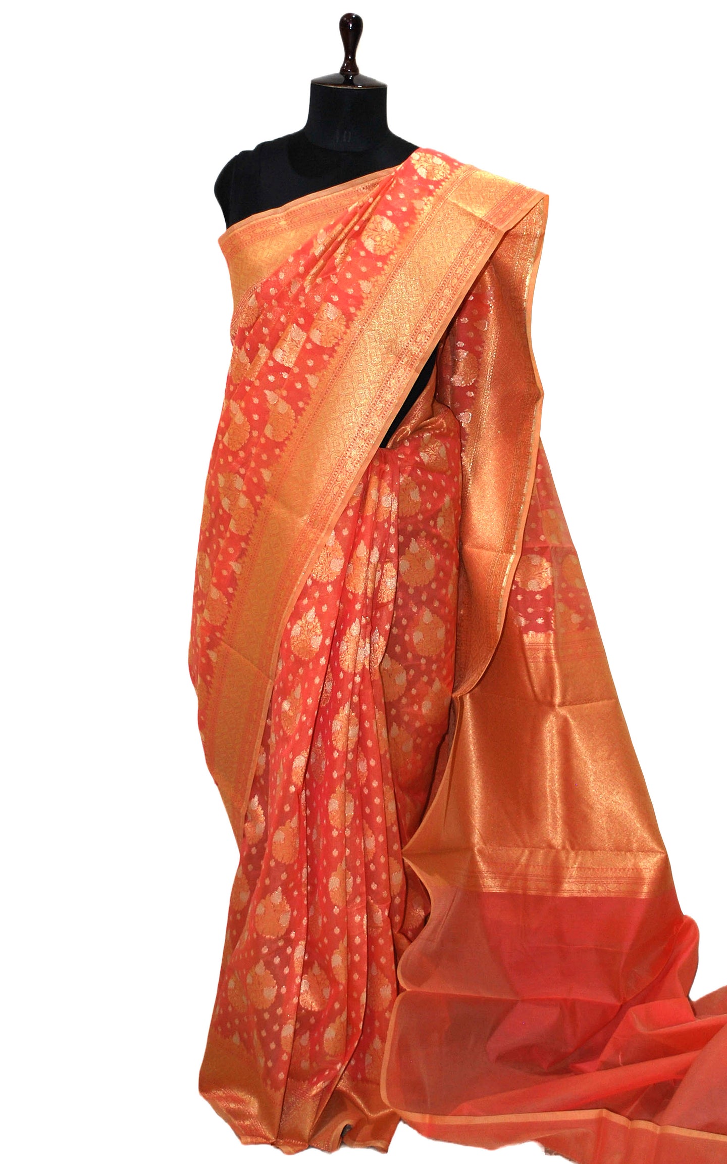 Handwoven Cotton Chanderi Saree in Sunset Orange and Muted Gold