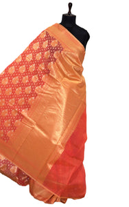 Handwoven Cotton Chanderi Saree in Sunset Orange and Muted Gold