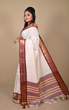 Soft Checks Gadwal Cotton Silk Saree in Off White, Beige and Cherry Wood