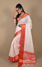 Soft Checks Gadwal Cotton Silk Saree in Off White, Beige and Red