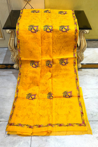 Machine Embroidery Kantha Work Cotton Saree in Yellow and Multicolored Thread Work