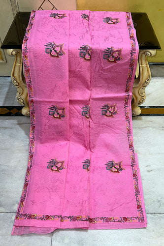 Machine Embroidery Kantha Work Cotton Saree in Pink and Multicolored Thread Work