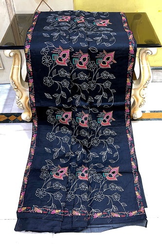 Machine Embroidery Kantha Work Cotton Saree in Black, Off White and Multicolored Thread Work