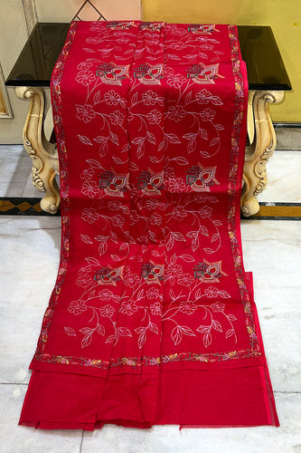 Machine Embroidery Kantha Work Cotton Saree in Bright Red, Off White and Multicolored Thread Work